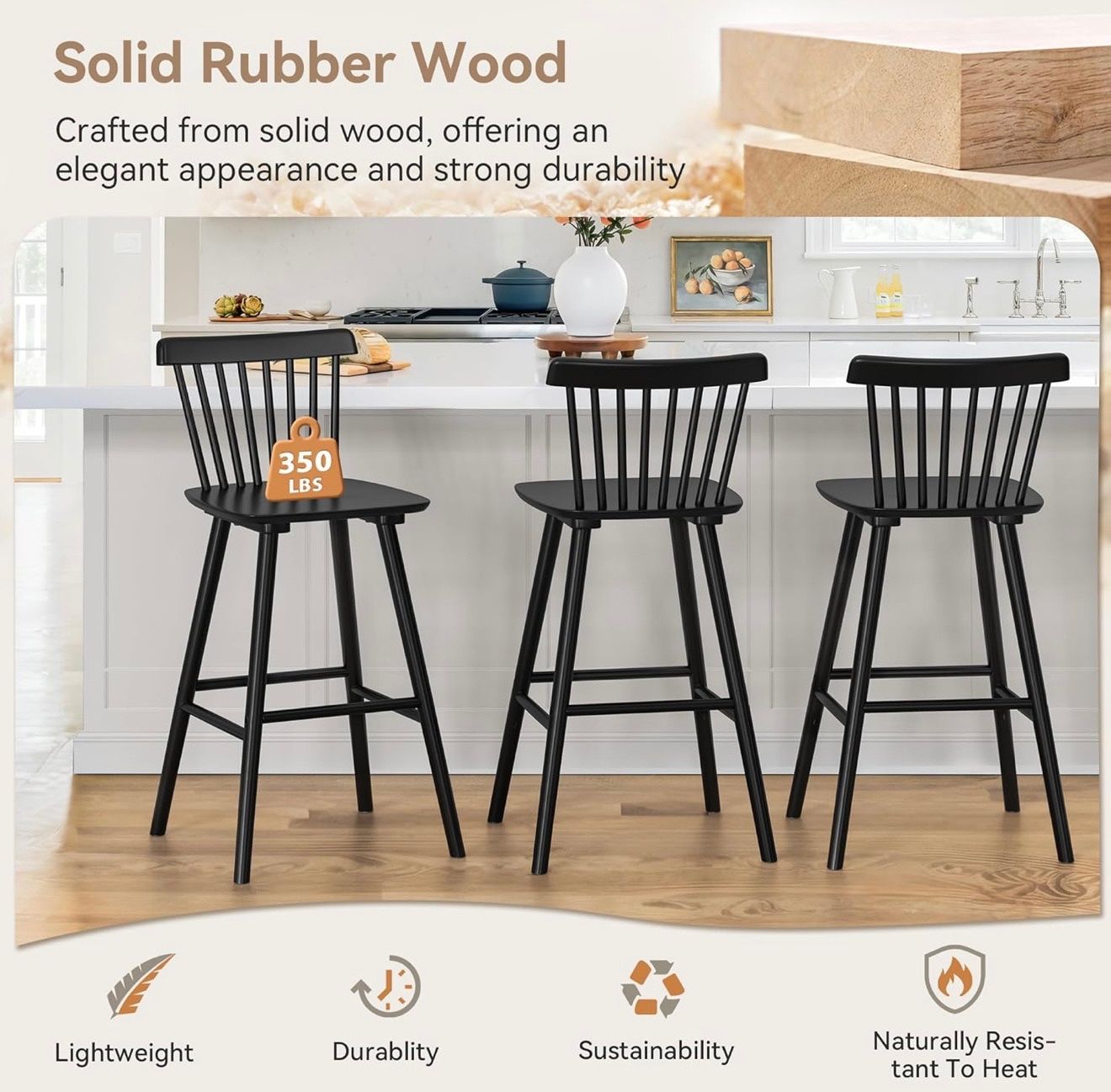 Upgraded Windsor Wooden Black Bar Stools Set of 3, 30 Inch