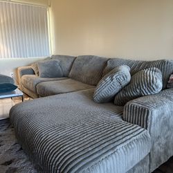 Modern Corduroy Sectional Couch w/ Chaise + 5 Pillows