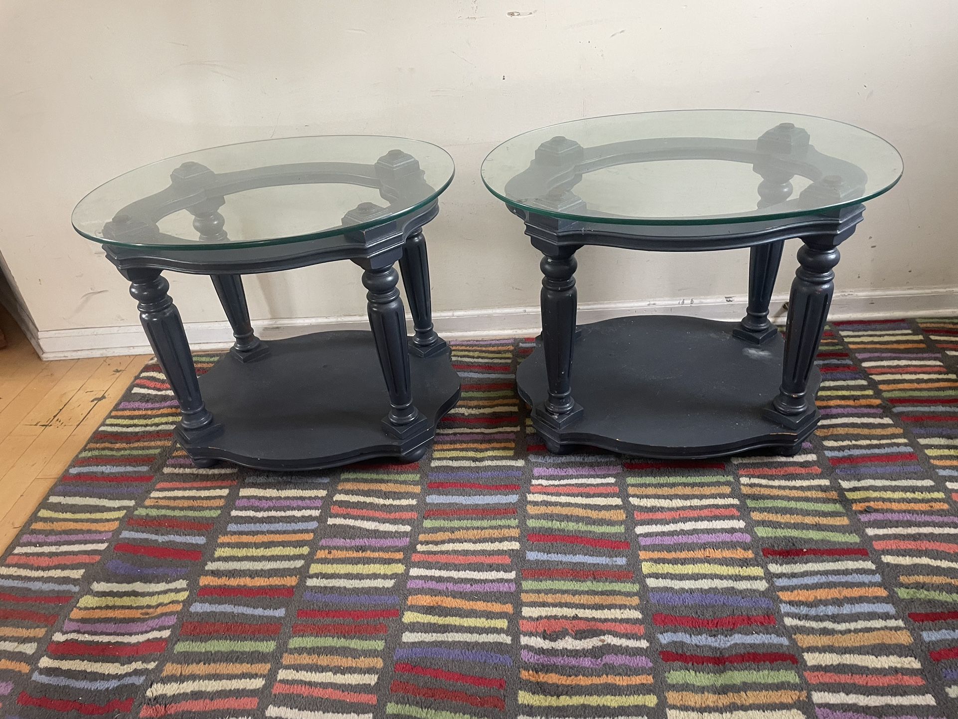 2 Oval Glass Top Blue End Tables