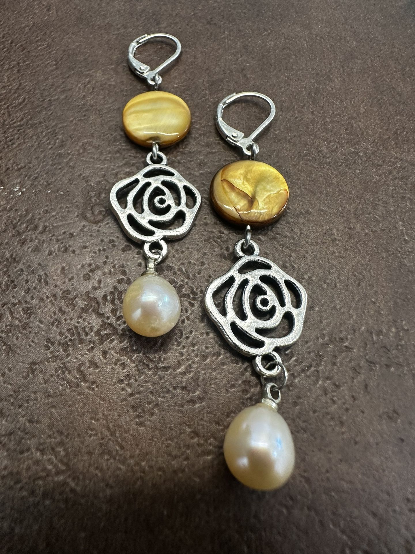 Elegant Gold Color and Silver Floral Drop Earrings
