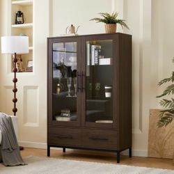 Minor Scratches AS IS Assembled New 60'' Tall Display Cabinet with Tempered Glass Door, LED Lighting, Two Drawers, Modern Style Storage Cabinet