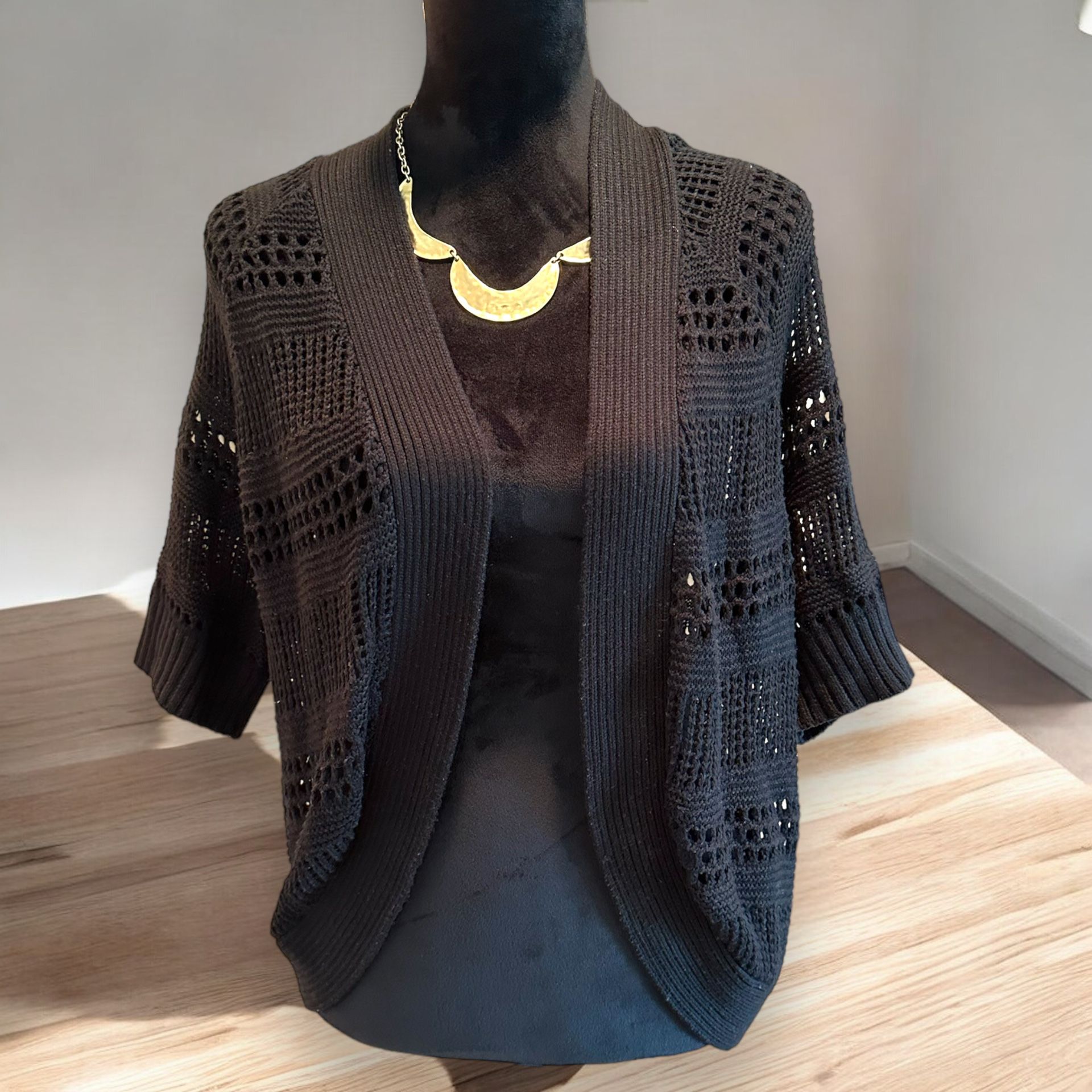 Liz Claiborne Crochet Cardigan cocoon Sweater Size Large, Black