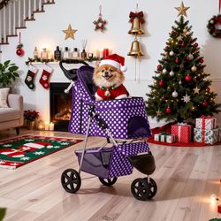 3 Wheels Pet Stroller, Foldable Dog Cat Cage Jogger Stroller with Weather Cover for All-Season, Storage Basket and Cup Holder, Breathable and Visible 