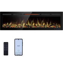 60" WiFi Electric Fireplace Inserts, Recessed and Wall Mounted Fireplace Heater W/Adjustable Flame Color & Brightness, Thermostat, 9H Timer, App and R