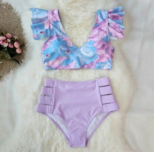 Set lilac blue lady womens swimsuit swim wear Bikini M gift