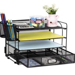 4 Trays Desktop File Organizer with Pen Holder, Desk Organizers Sets, Mesh Office Supplies Desk Organizer for Home Office (Black)