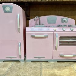 Kidkraft Pink Retro Wooden Play Kitchen And Refrigerator Set