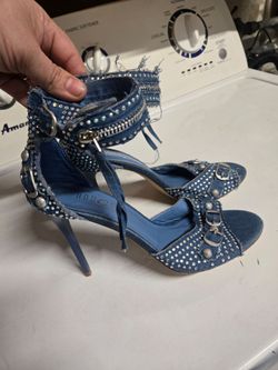Denim Studded Stiletto Heels with Ankle Strap
