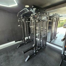 NEW Squat Rack Smith Machine Functional Trainer Cable Cross Over  Adjustable Bench Press 45lb Barbell Bumper Plates Home Gym 