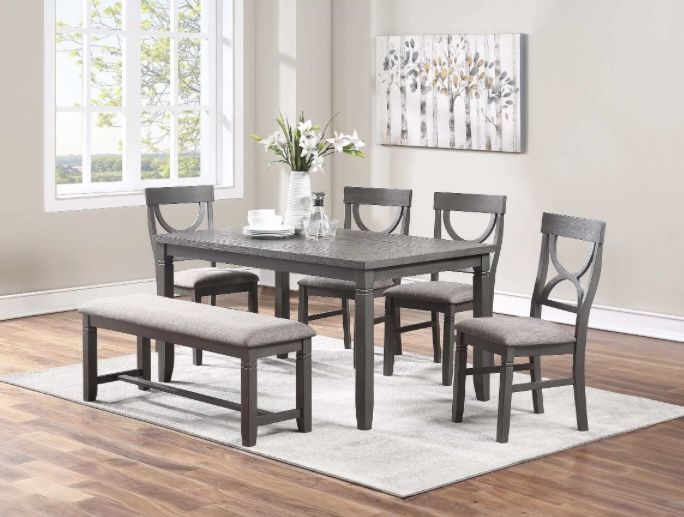 Gray 6 piece Dining Set table, 4 upholstered chairs & bench pick up Can deliver