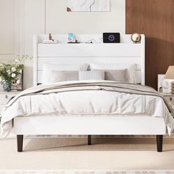 B702 $110  Full Size Bed Frame with Charging Station, Velvet Upholstered Platform Bed, Wingback Storage Headboard, Type-C & USB Ports, Strong Wooden S
