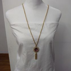 1972 Vintage Avon Faux Amethyst Gemstone Gold Tone Pendant Necklace 30" Chain with Tassel