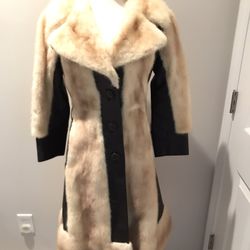 Vintage Womens 1970s MOD Style Saga Real Mink Fur & Leather Knee Length Coat S 