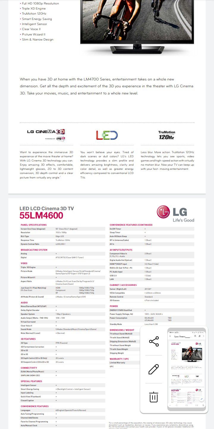 Lg snmart tv 3d version wifi compatible paid 1200