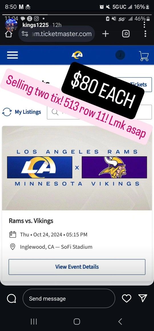 Selling Two Tickets To Rams Vs Vikings!! Must Go