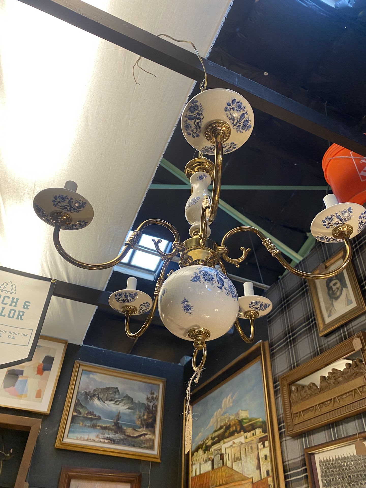 Vintage Delft Blue & White Porcelain Solid Brass 5-Light Chandelier – Made in Spain – AS IS