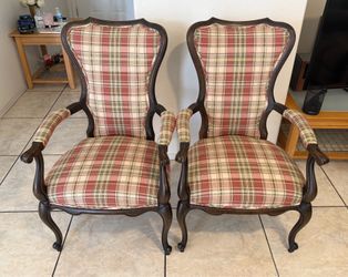 Vintage French Country Style Armchairs Plaid Fabric Set of 2