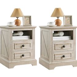   Nightstand Set of 2 with Charging Station, Bedside Table with Open Storage and 2 Drawers, Side Table 18" Retro, End Table for B