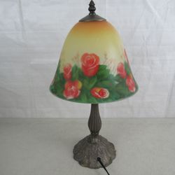 FLORAL Reverse Hand Painted On Frosted Glass Table Lamp 19" Tall


