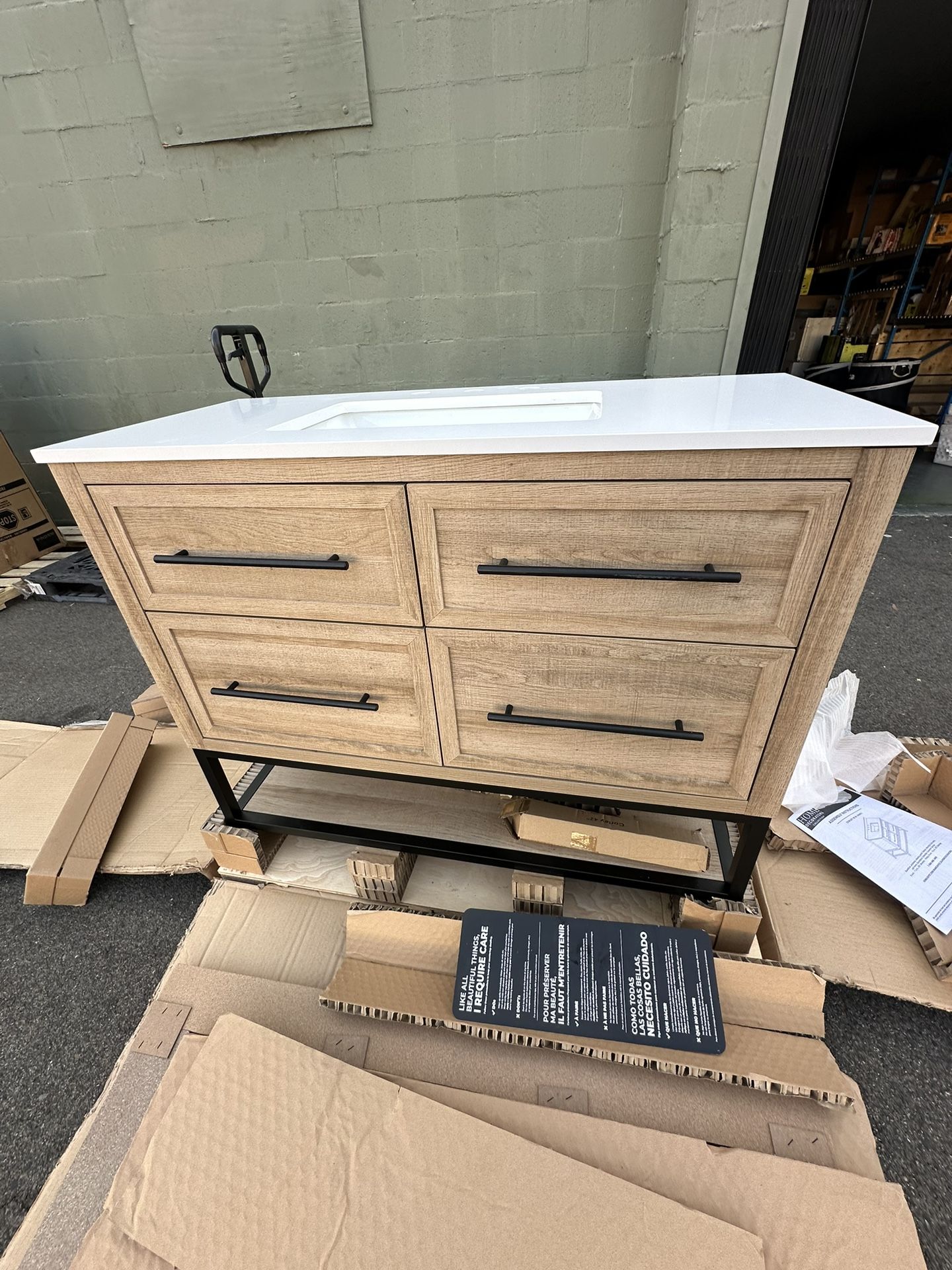 Home Decorators Collection Corley 42 in. Single Sink Weathered Tan Bath Vanity with White Engineered Stone Top