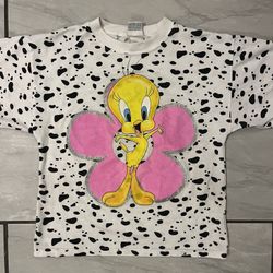 Vintage 1997 Tweety Cow Spots Youth Medium Girls Flower Shirt Looney Tunes 