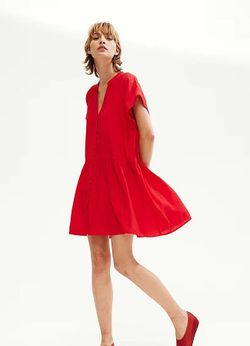 H&M CRINKLED TUNIC DRESS Red mini dress with button-up  oversized  Size XS
