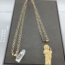 14kt Yellow Gold Saint Pendant And 26” Chain 