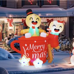 NEW 6 FT Christmas Inflatables Decorations Outdoor, Blow Up Cute Gingerbread Man in Hot Cocoa Mug Yard