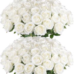 Hananona 50 Pcs Artificial Roses in Bulk, Fake Velvet Silk White Roses Realistic White Roses for Wedding Centerpieces Flower Arrangement Home Decor (5