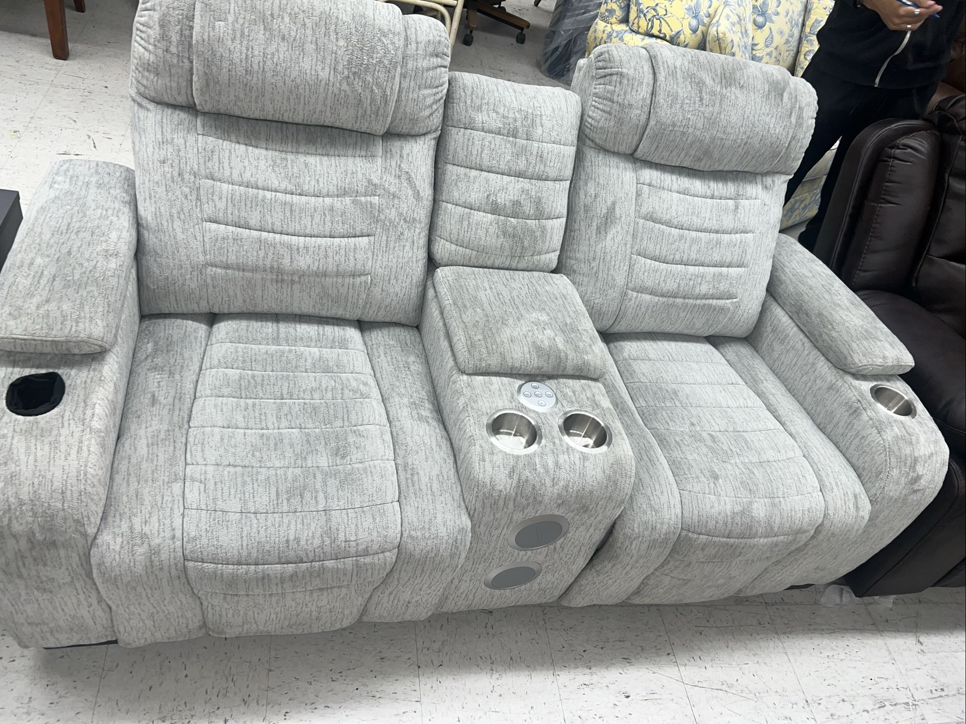 Gray Two Seater Reclining Sofa With Built In Speakers And LED Lights Underneath