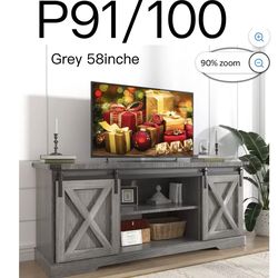 P91🔥Farmhouse Barn Door TV Stand for up to 65" TVs & 23" Electric Fireplace, Entertainment Center Console Table with Adjustable Shevle