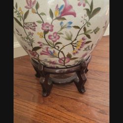 Vintage Chinese Asian Porcelain Bowl Pot Floral w Koi Pond Interior 
