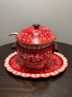 Red Ceramic Soup Tureen Set with Ladle and Tray