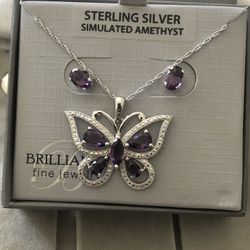 .925 Cadena Y Dije Con Aretes De Plata Con Piedra CZ Morada 18 Pulgadas Cadena Largo 