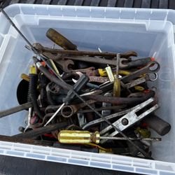 Vintage Bucket of Hand Tools, Screwdrivers, Hammers, Chisels, Wrenches etc. 