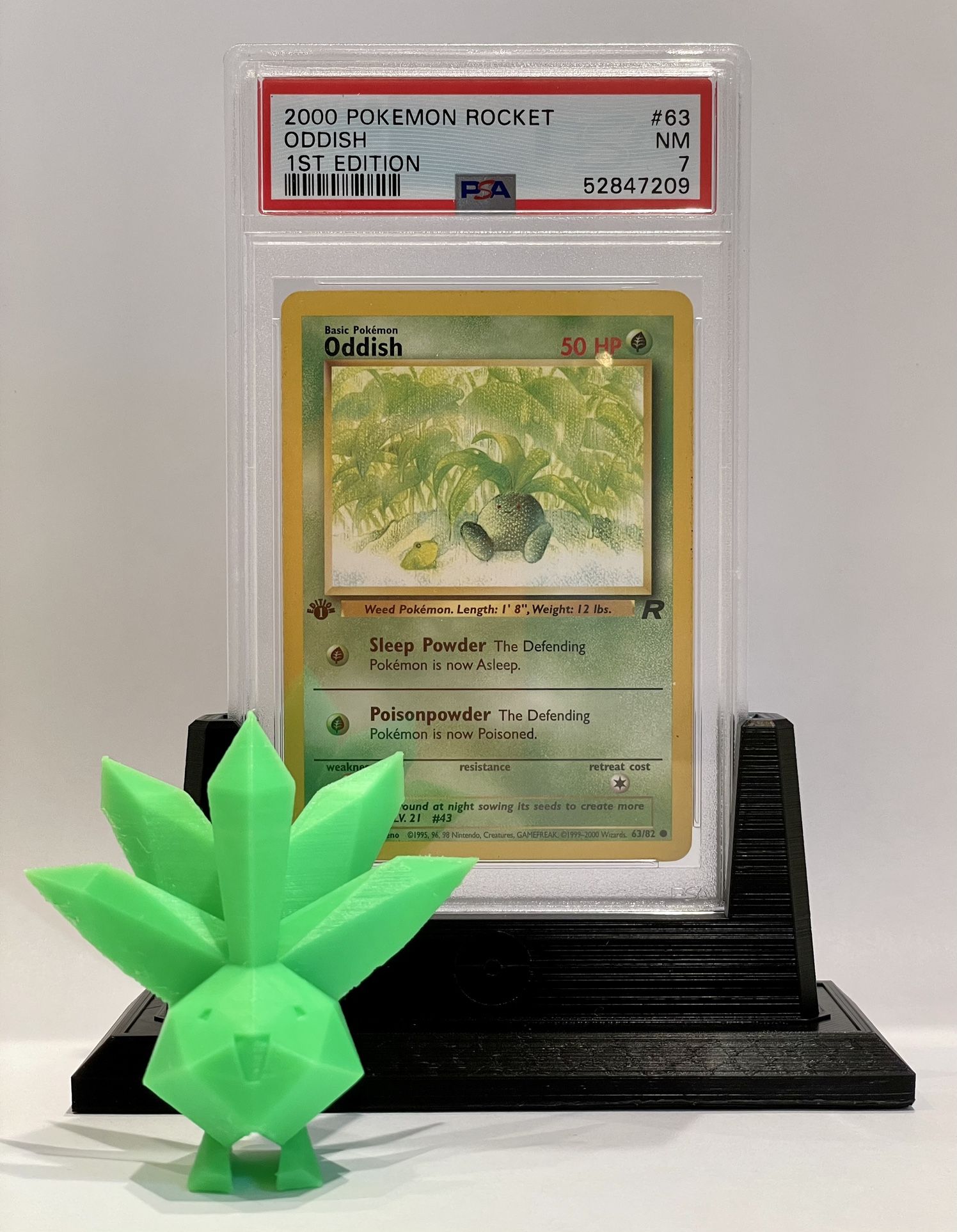 Pokemon Gift Set - Oddish 63/82 PSA 7 Graded Card + 3D Printed Stand & Figurine