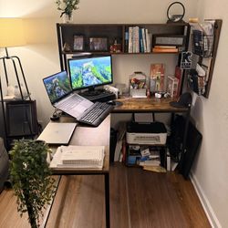 L-Shaped Office Desk with Shelves -Rusty Brown