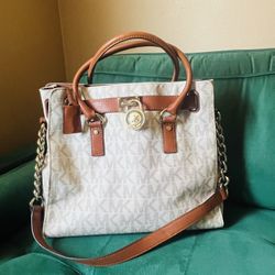 Michael Kors Large Hamilton Satchel In Signature Logo Vanilla And Luggage Color 