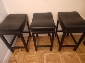 Set of 3 Black Leather Bar Stools