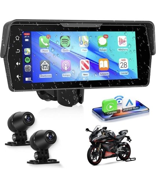 Motorcycle Front+Rear Dash Cam,6.86 inch IPS 1280x480P Touch Screen,1080P Motorcycle Camera DVR,Wireless Carplay&Android Auto,GPS,IP67 Waterproof,120°