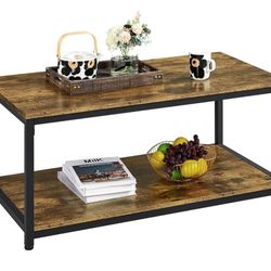 Coffee Table 2 Tier Industrial Wood With Storage Shelf End Table With Metal Finish Rustic Brown 