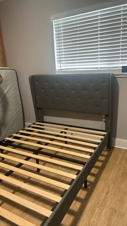 Gray Upholstered Bed Frame with Headboard