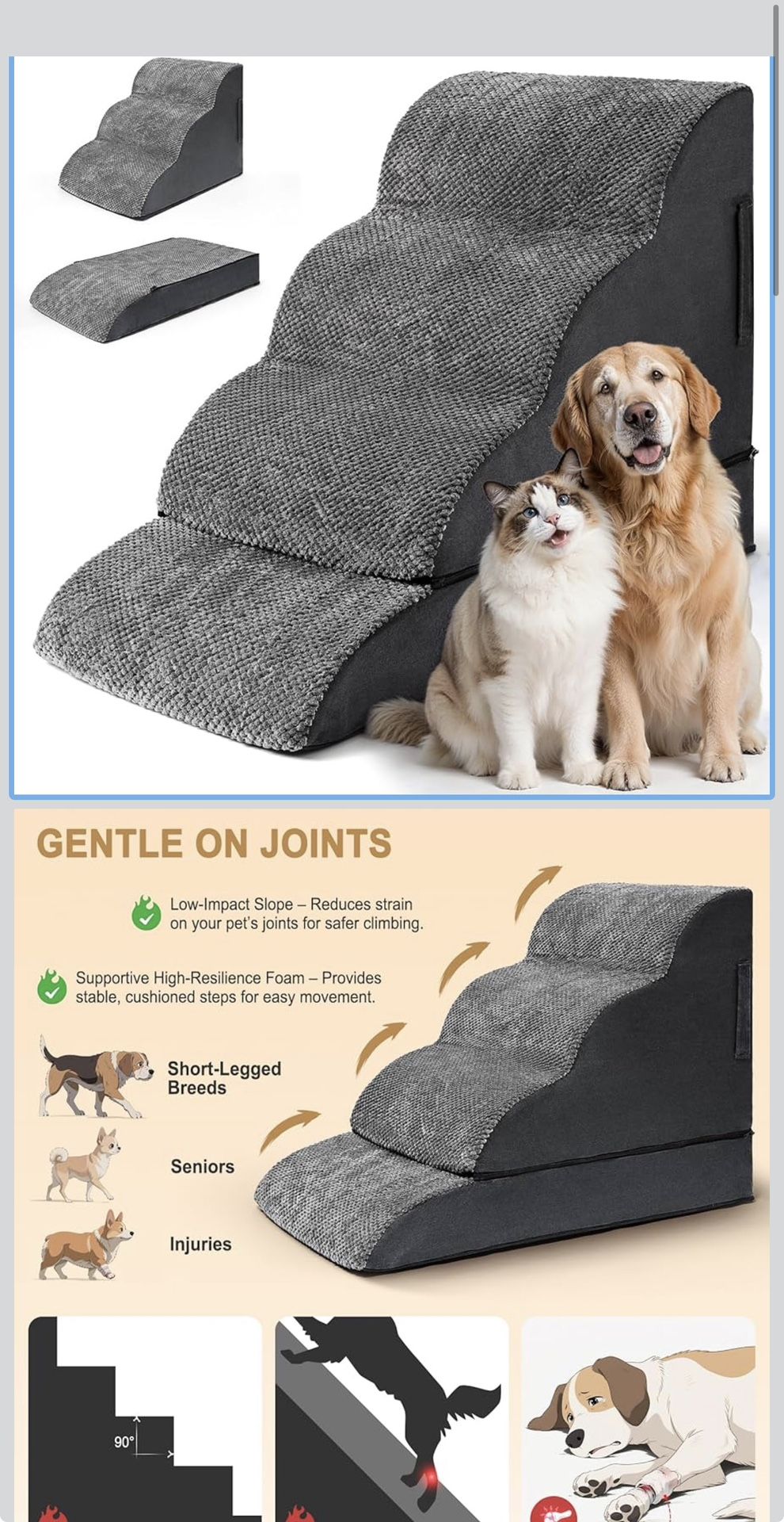 Dog Stairs for Small Dogs, Puppy, Older Cat, High Density Foam Pet Ramp for Sofa, Couch and Bed, 2-in-1 Convertible Dog Steps(3-Step & 4-Step) 