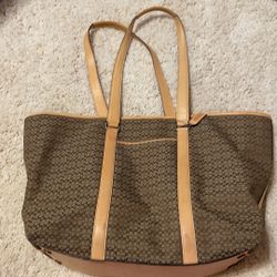 Coach Authentic CC logo Print Canvas Briwn Tan Leather  Carryall Tote Purse Bag 