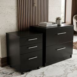 Office Cabinets Set: 3-Drawer Rolling + 2-Drawer File - Black