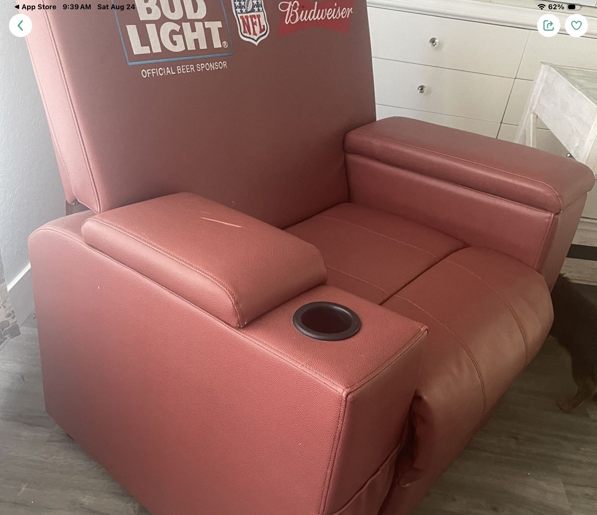 Recliner Sofa With Cooler, Storage And Beer Dispenser Bud light Budweiser NFL