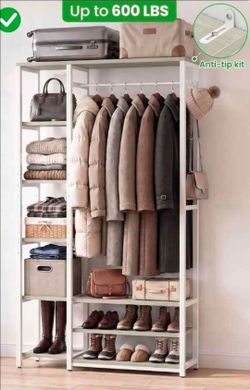 Freestanding Closet Organizer with Shelves and Clothing Rack