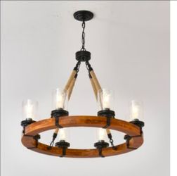 Farmhouse Wagon Wheel Chandelier 31 Inch Round Wood Pendant Light 8 Light Seeded Glass Shade Rustic Ceiling Light Fixture