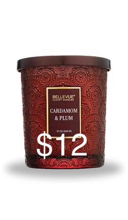 Bellevue Candle | Cardamom & Plum Luxury Scented Candle – 12 oz | Soy Blend Wax | Dual Wick | Long-Lasting Warm & Spiced Home Fragrance | Embossed Gla