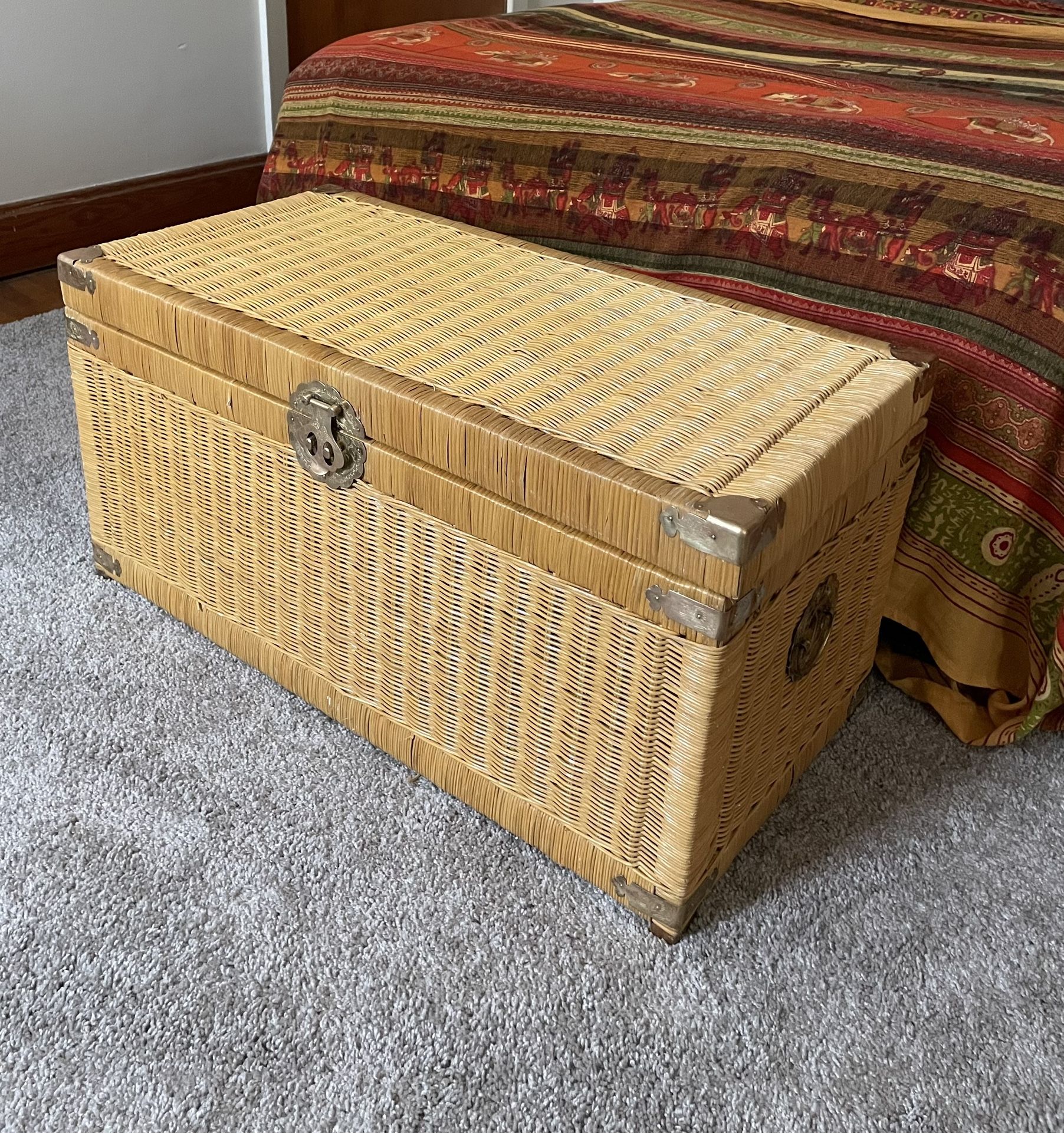 Vintage 1970s Asian Chinoiserie Trunk With Brass Hardware